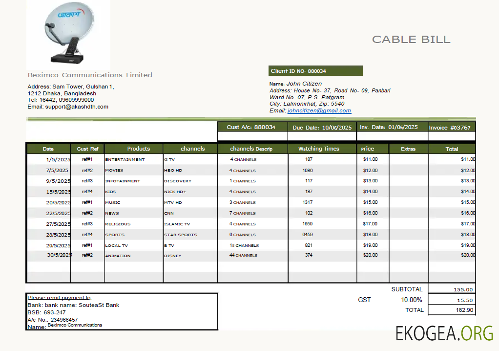 Bangladesh Beximco Communications utility bill template in Word and PDF formats